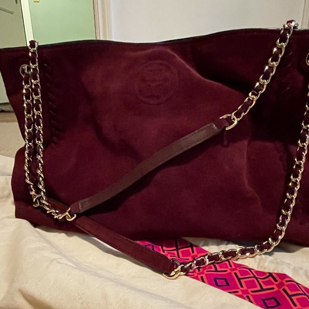 Tory Burch Marion Burgundy Suede Shoulder bag/tote. 100% authentic